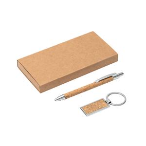 Kit esferográfica e chaveiro em metal com acabamento em cortiça
