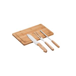 Kit churrasco em estojo de 210D e tábua em bambu com 3 utensílios em aço inox e madeira de seringueira